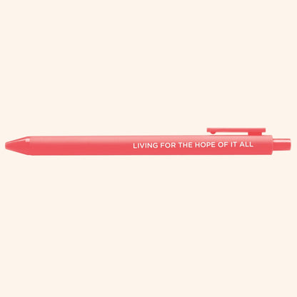 Living For the Hope of it All jotter gel pen styled shot — neon coral jotter pen as a desk gift and stocking stuffer by MangoIllustrated
