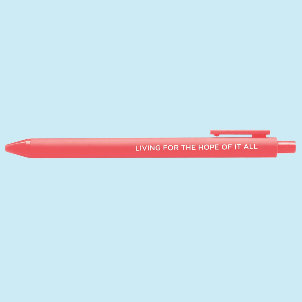 Living For the Hope of it All jotter gel pen detail — close up of the embossed lettering on the neon coral barrel by MangoIllustrated