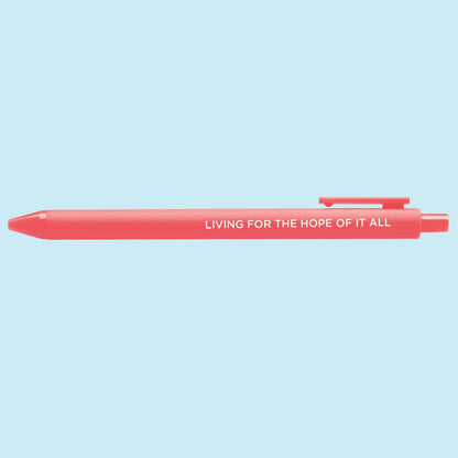 Living For the Hope of it All jotter gel pen detail — close up of the embossed lettering on the neon coral barrel by MangoIllustrated