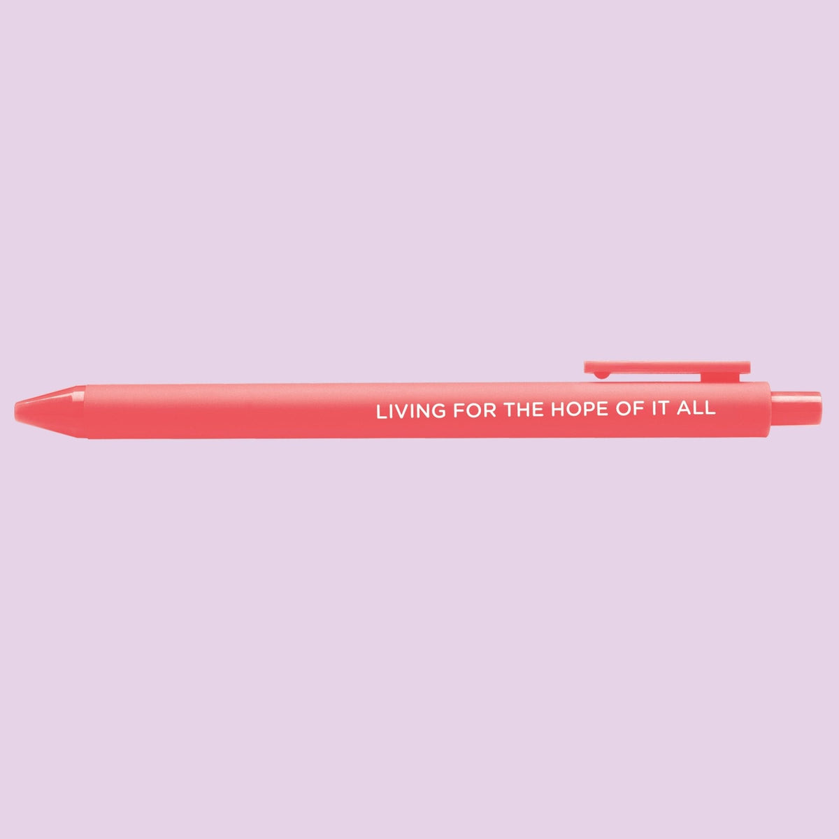 Living For the Hope of it All jotter gel pen angled view — neon coral jotter gel pen with black gel ink by indie artist MangoIllustrated