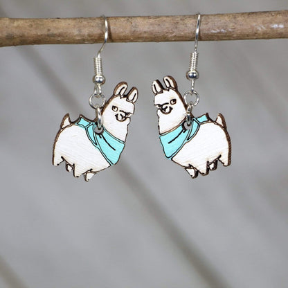 Llama with Scarf Wooden Dangle Earrings - Aqua - Cate&