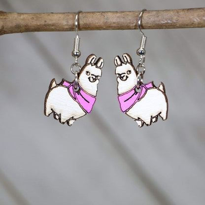 Llama with Scarf Wooden Dangle Earrings - Bright Pink - Cate&