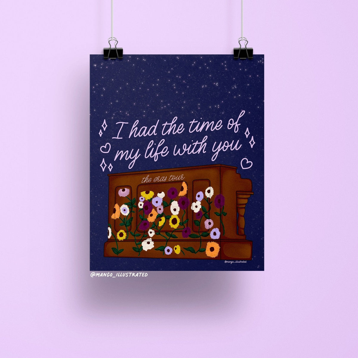 Long Live Eras Tour Piano art print — floral-covered piano under a starry night sky with hand lettered text, 8 x 10 in, by MangoIllustrated