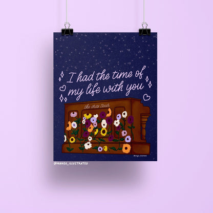 Long Live Eras Tour Piano art print — floral-covered piano under a starry night sky with hand lettered text, 8 x 10 in, by MangoIllustrated