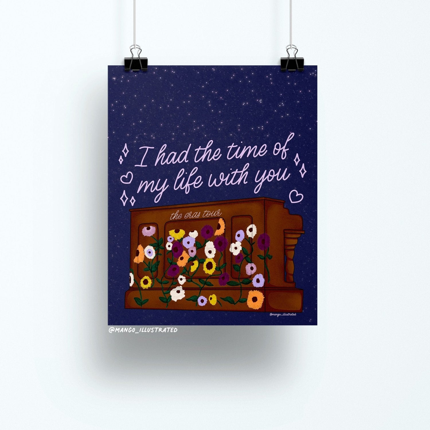 8x10 art print of a floral-covered piano labeled “the eras tour” under a starry night sky with the phrase “I had the time of my life with you”