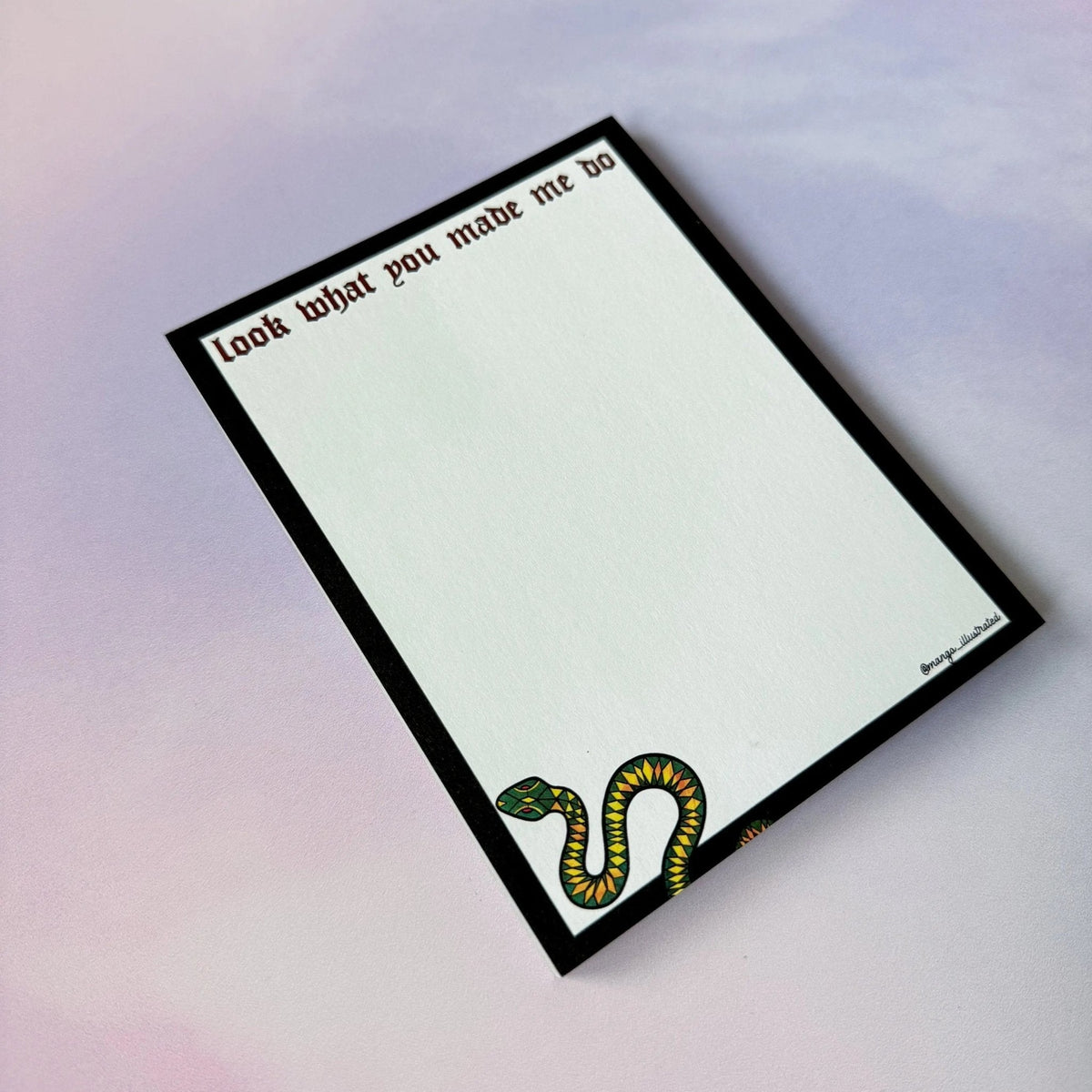 Look What You Made Me Do notepad flat lay — gold and green snake desk stationery gift by indie artist MangoIllustrated