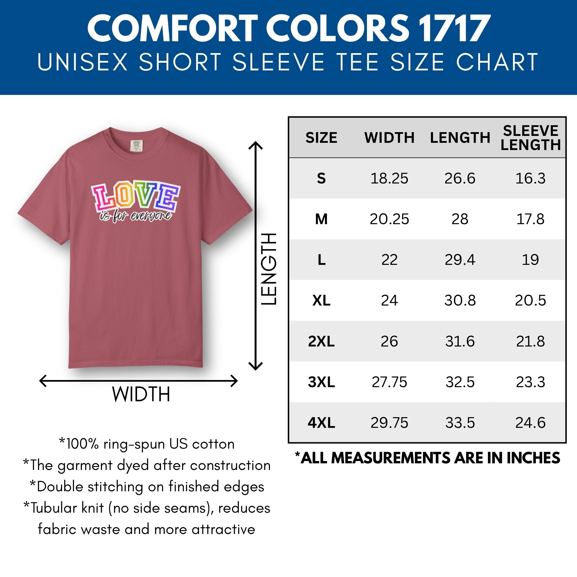 love-is-for-everyone-lgbtq-ally-rainbow-pride-comfort-colors-tshirt-tee-top-apparel-size-chart