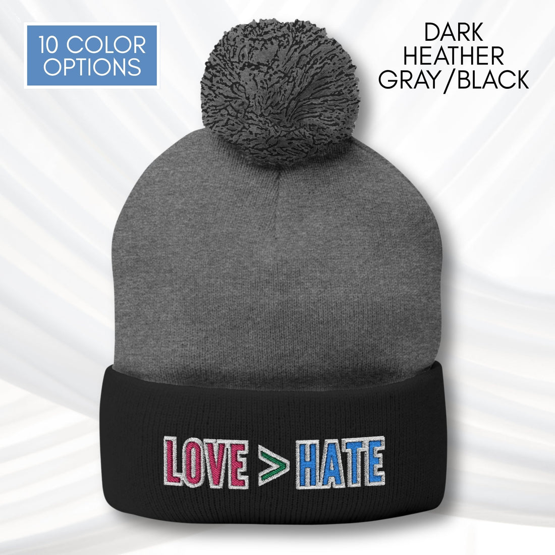 love-is-greater-than-hate-pom-pom-knit-cap-embroidered-beanie-love-over-hate-winter-hat-dark-heather-gray-black