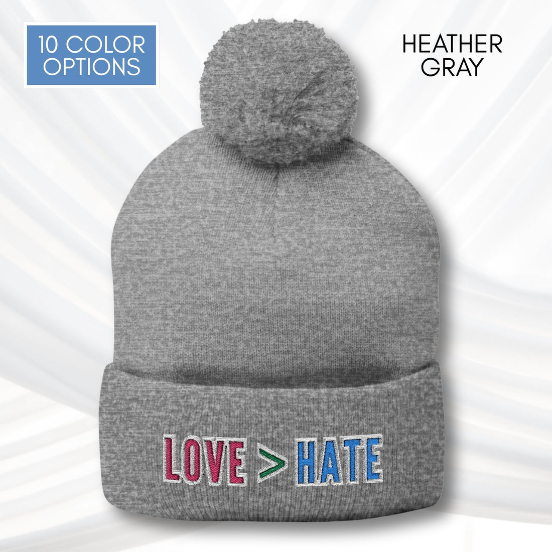 love-is-greater-than-hate-pom-pom-knit-cap-embroidered-beanie-love-over-hate-winter-hat-heather-gray
