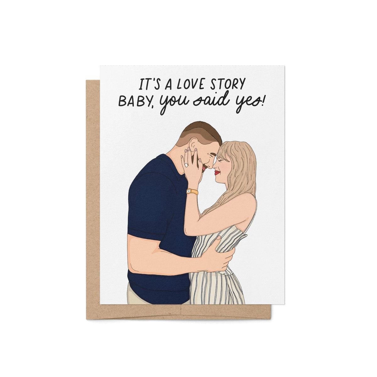 Love Story engagement card flat lay — romantic engagement congratulations card on a white background by indie artist MangoIllustrated