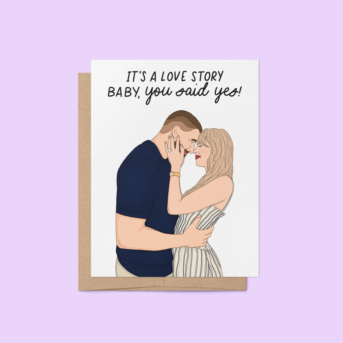 Love Story engagement card — illustrated couple mid embrace beneath hand lettered script reading it&
