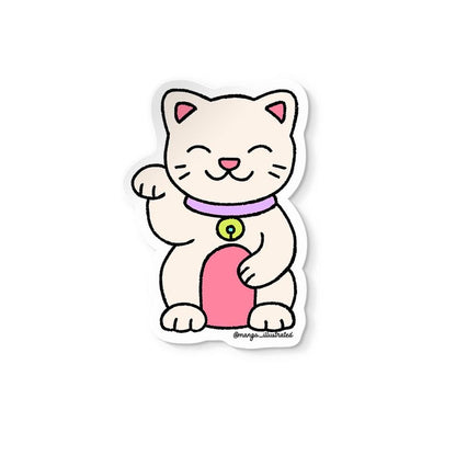 Lucky cat sticker flat lay — waterproof vinyl good luck laptop sticker by indie artist MangoIllustrated
