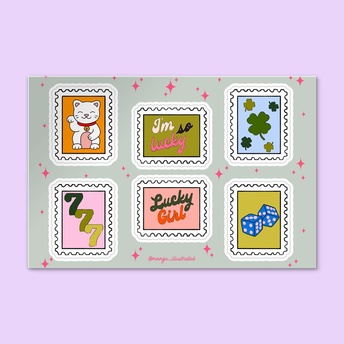 Lucky Sticker Sheet — 6 hand drawn lucky symbol stickers in stamp shapes on 4x6 in vinyl sheet by MangoIllustrated