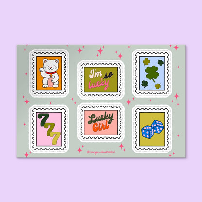 Lucky Sticker Sheet — 6 hand drawn lucky symbol stickers in stamp shapes on 4x6 in vinyl sheet by MangoIllustrated