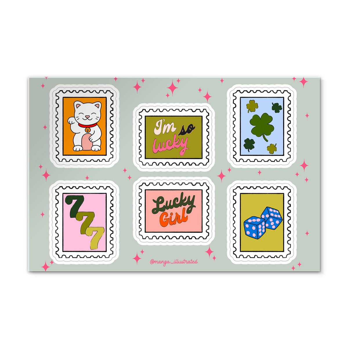 Lucky Sticker Sheet flat lay — lucky cat shamrock illustrated sticker pack by MangoIllustrated