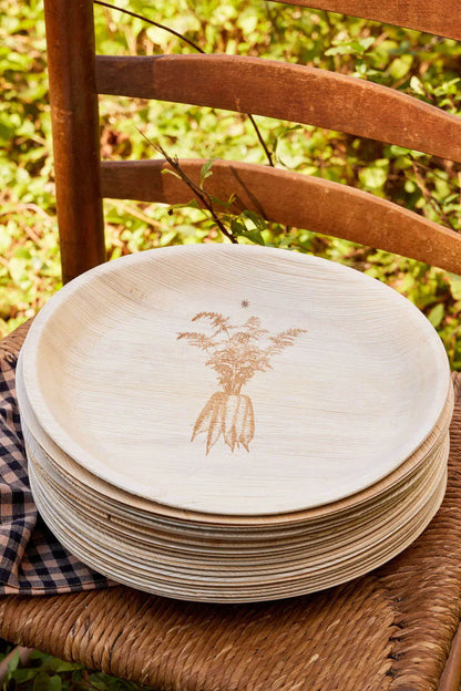maaterra compostable palm leaf plate with farm carrots design.