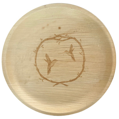 maaterra compostable palm leaf plate with Hummingbird Wreath design