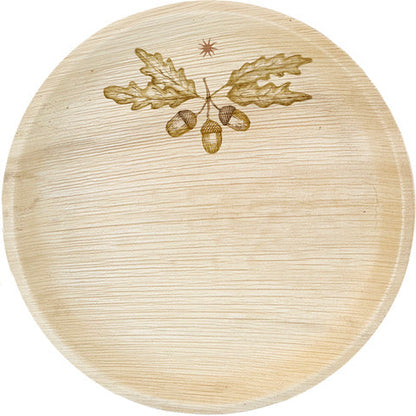 White background. maaterra compostable palm leaf plate with acorns design on white background