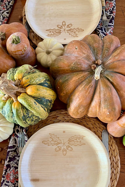 maaterra compostable plates with acorn design on a fall themed table including pumpkins. 