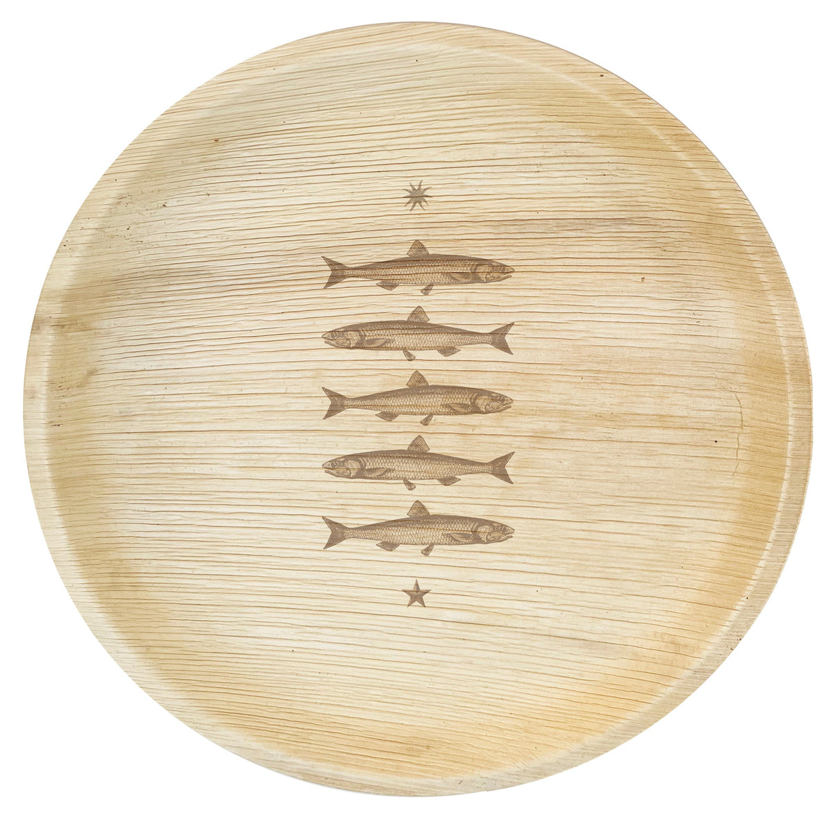 maaterra compostable palm leaf plate with stacked fish design