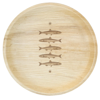 maaterra compostable palm leaf plate with stacked fish design