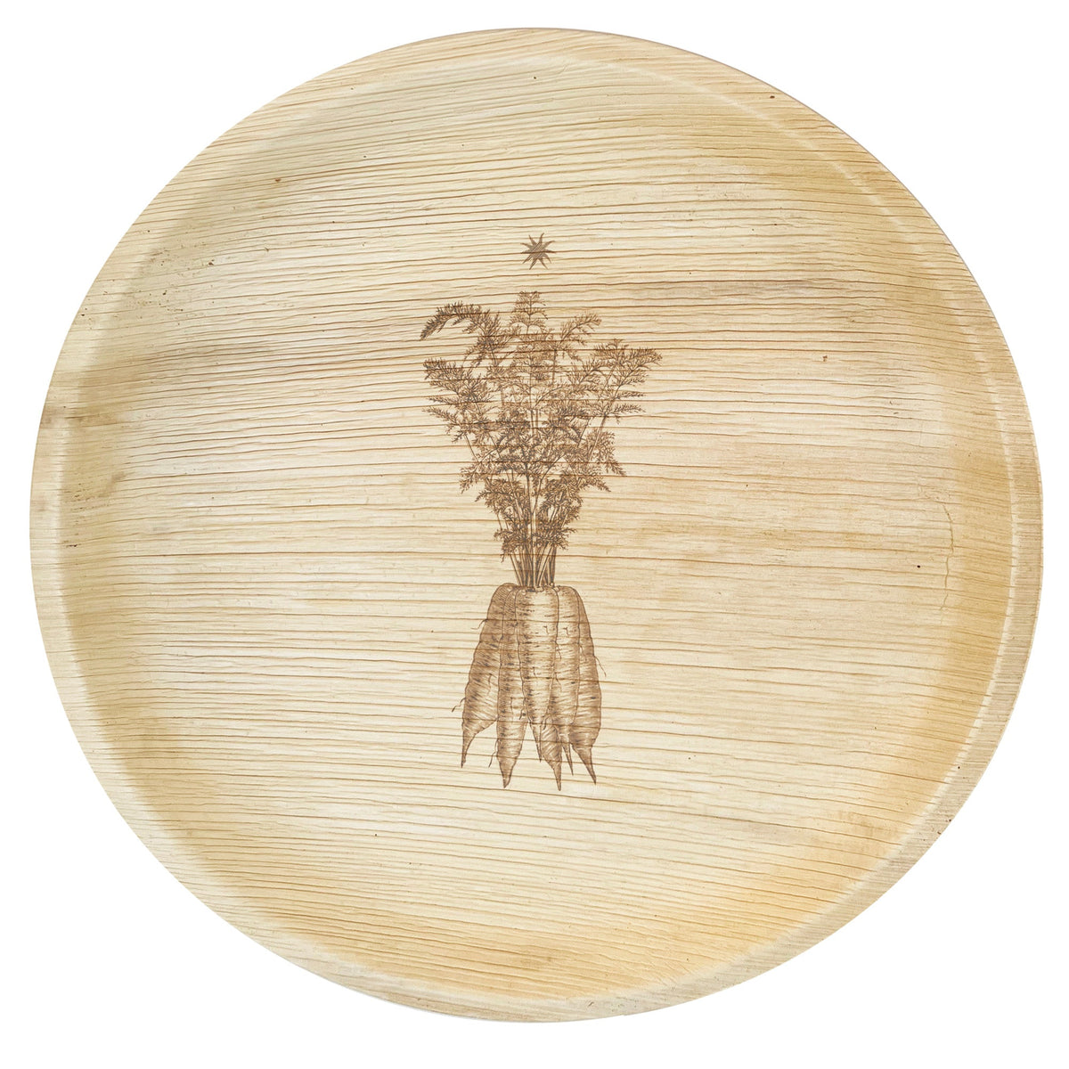 White background. maaterra compostable palm leaf plate with farm carrots design.