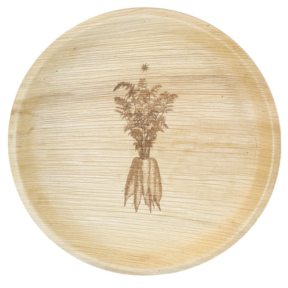 White background. maaterra compostable palm leaf plate with farm carrots design.