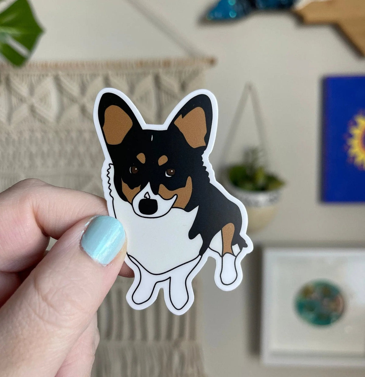 Mango the corgi sticker — hand illustrated black tri color Pembroke Welsh corgi, approx 3 x 2.25 in waterproof vinyl, by MangoIllustrated