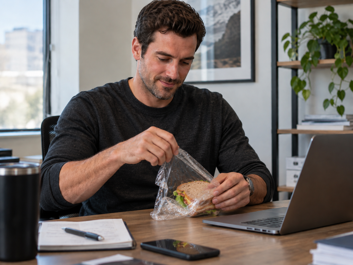 Man with Lunchskins Food Cling Wrap at the office