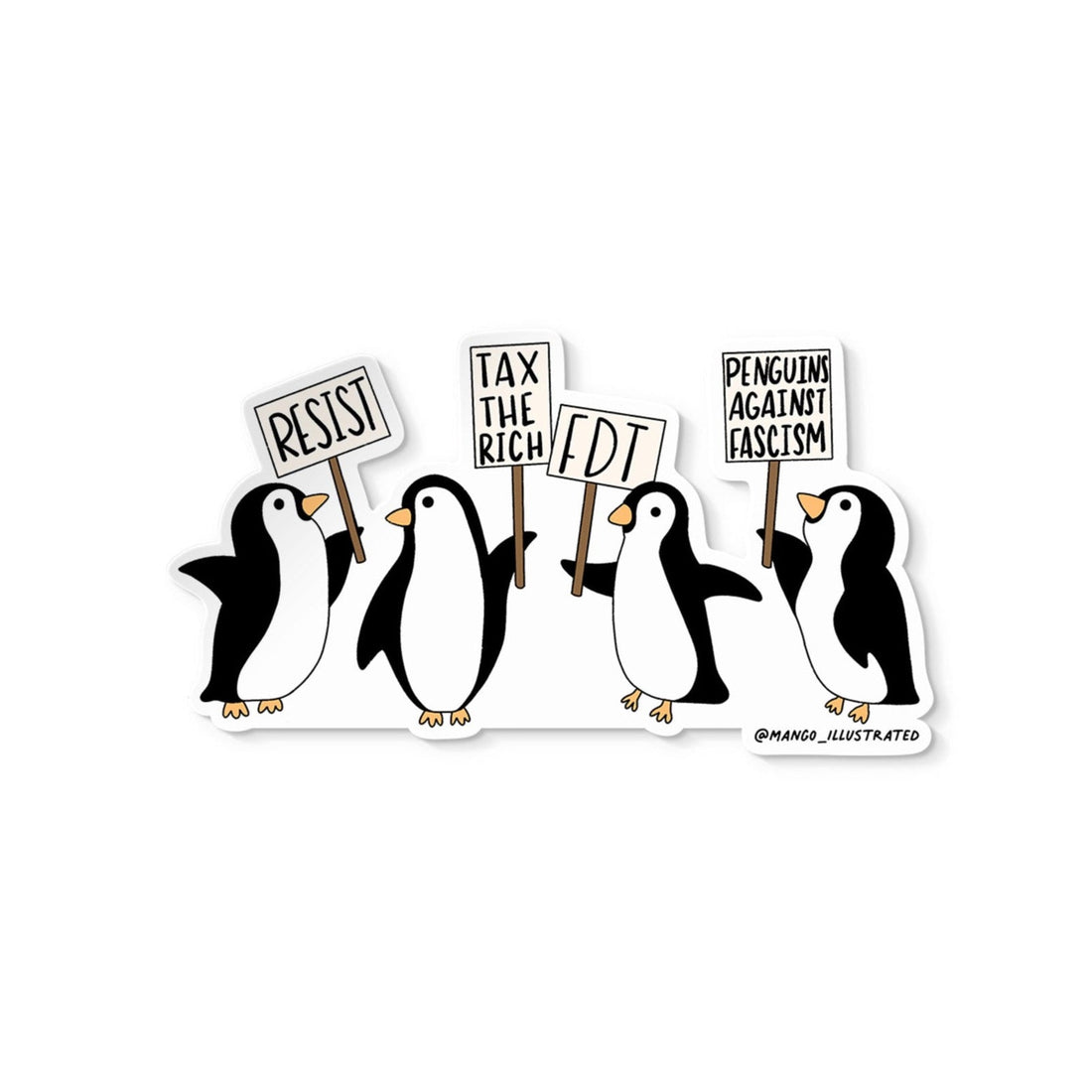 Marching Penguins sticker flat lay — cute anti fascist activism laptop sticker by indie artist MangoIllustrated