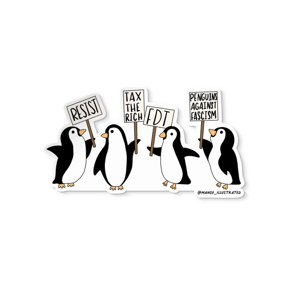 Marching Penguins sticker flat lay — cute anti fascist activism laptop sticker by indie artist MangoIllustrated