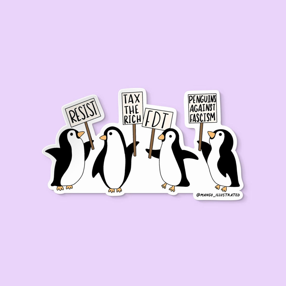 Marching Penguins sticker — hand drawn line of four penguins holding protest signs, 3 x 2 in, by MangoIllustrated