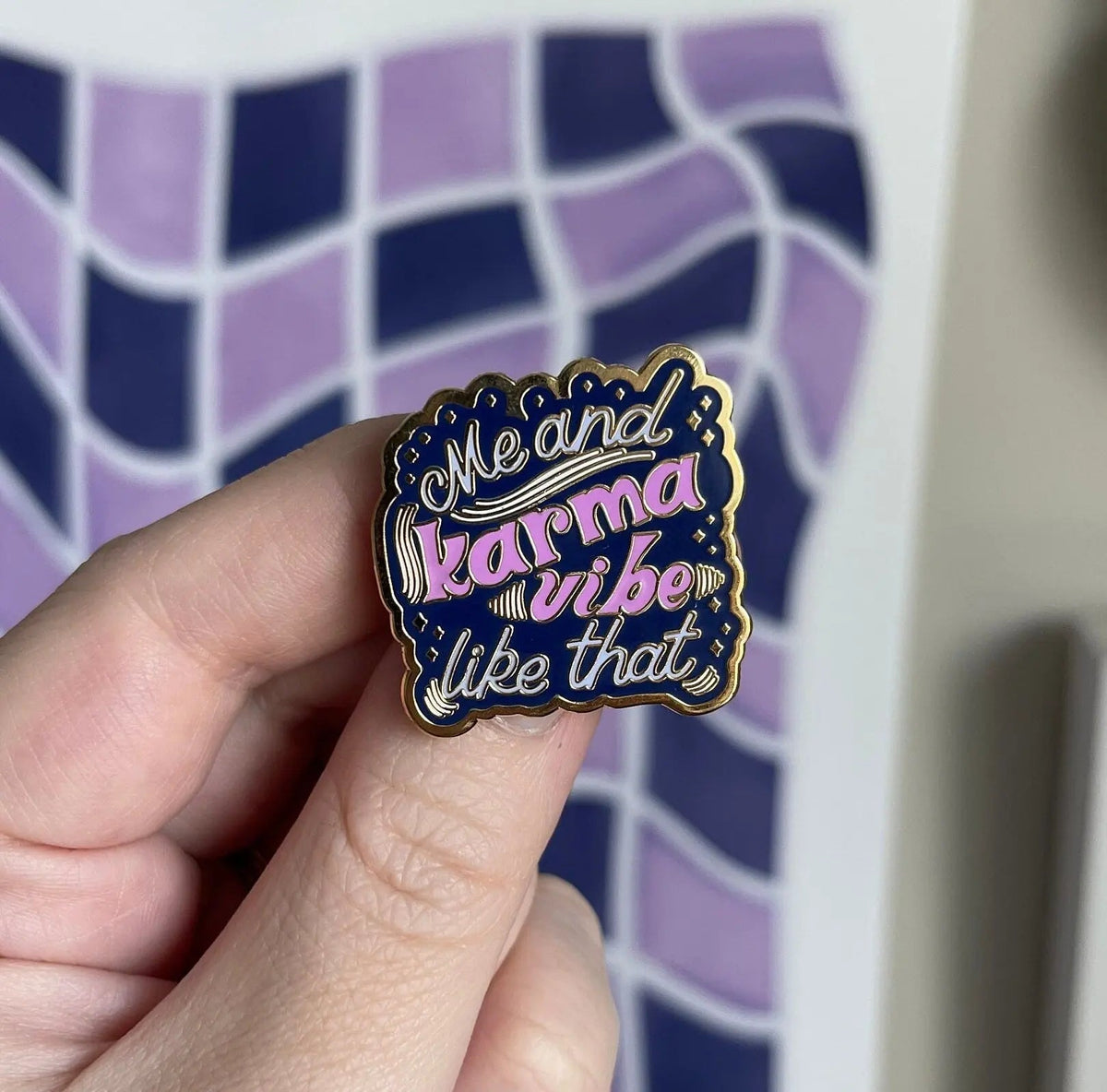 Me and Karma Vibe Like That enamel pin — hand lettered navy, fuchsia and light blue hard enamel pin with gold accents, 1.25 in, by MangoIllustrated