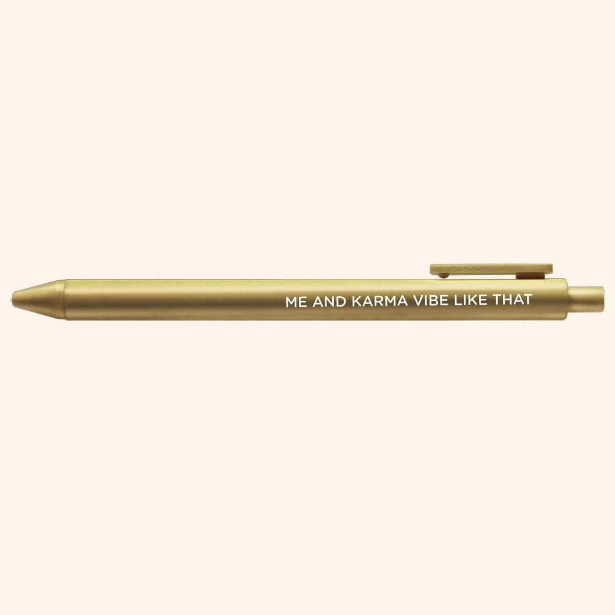 Me and Karma Vibe Like That jotter gel pen styled shot — gold jotter pen as a desk gift and stocking stuffer by MangoIllustrated