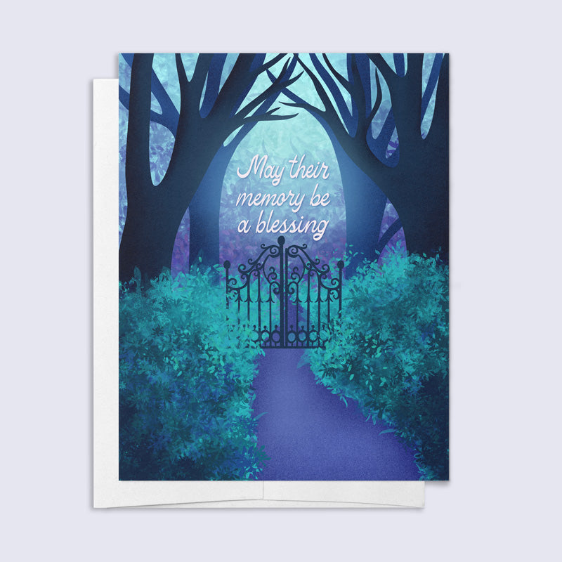 Greeting card with a gate and trees design and text &