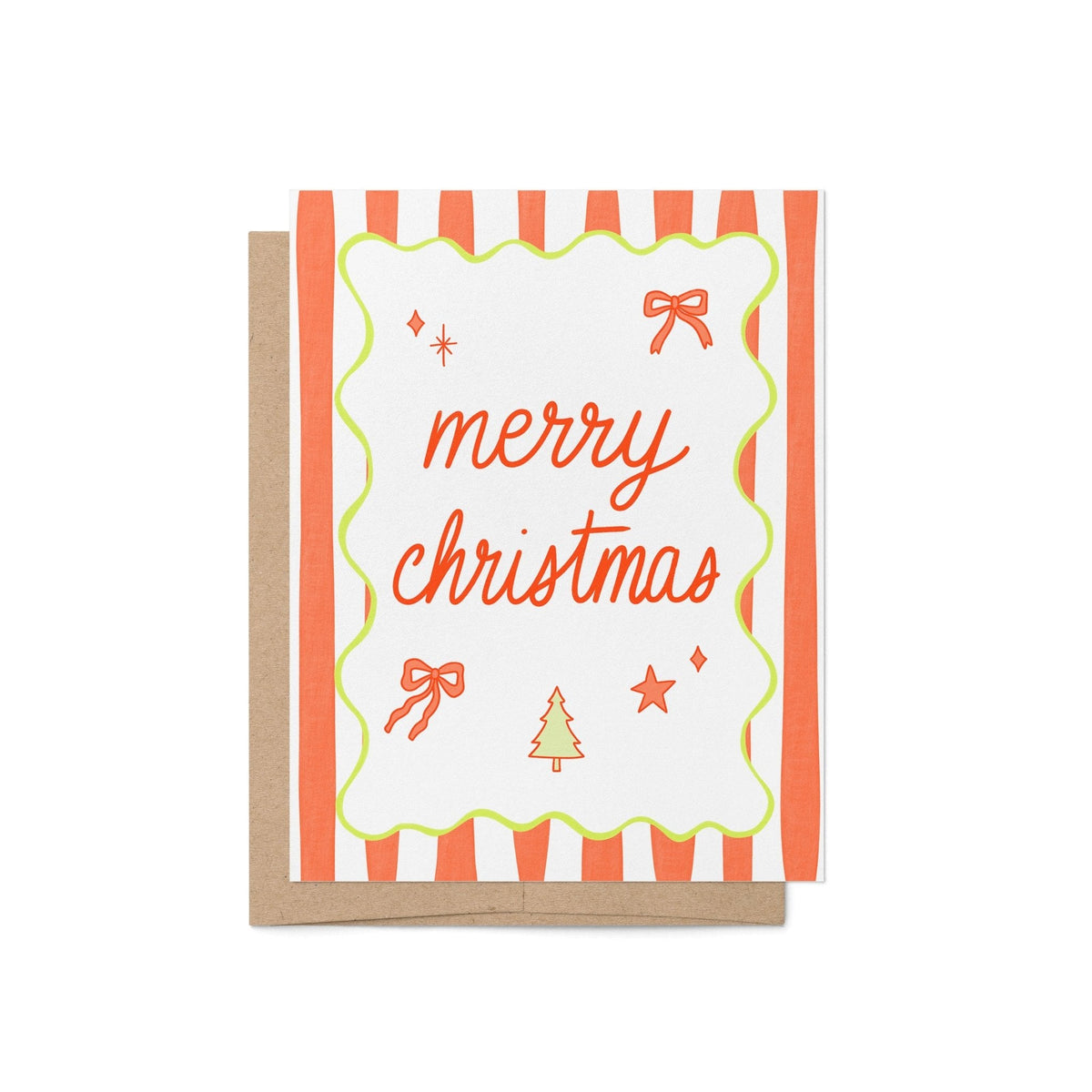 Merry Christmas Stripes holiday card — bold red and white stripes with a wavy lime green border and retro holiday doodles, 4.25 x 5.5 inch folded card, by MangoIllustrated