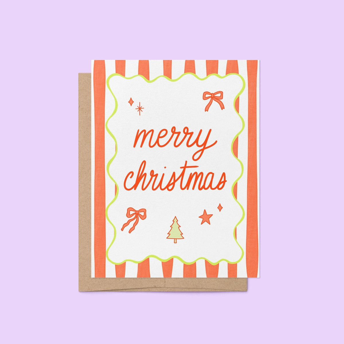 Merry Christmas Stripes holiday card flat lay — retro striped Christmas card styled on a desk by indie artist MangoIllustrated