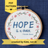 PDF pattern created by Kate, not AI. "Hope is a choice. Michelle Obama" Quote hand embroidered in dark blue. Text is surrounded by floral wreath of pink cherry blossom flowers and stems with buds. Fabric is white-on-white cotton. Displayed as wall art in a light wooden embroidery hoop.