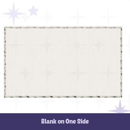Reverse side of mid century modern tea towel showing clean white blank cotton twill backing with starburst pattern visible on the hemmed border edges