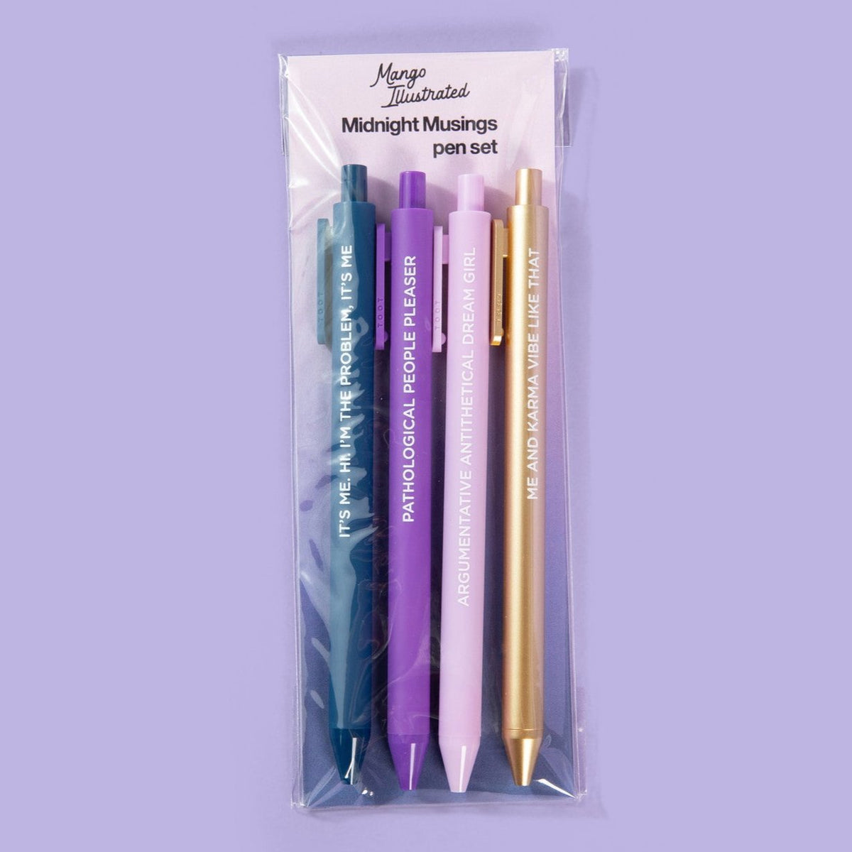 Midnight Musings Pen Set flat lay — four midnight-toned jotter gel pens by indie artist MangoIllustrated