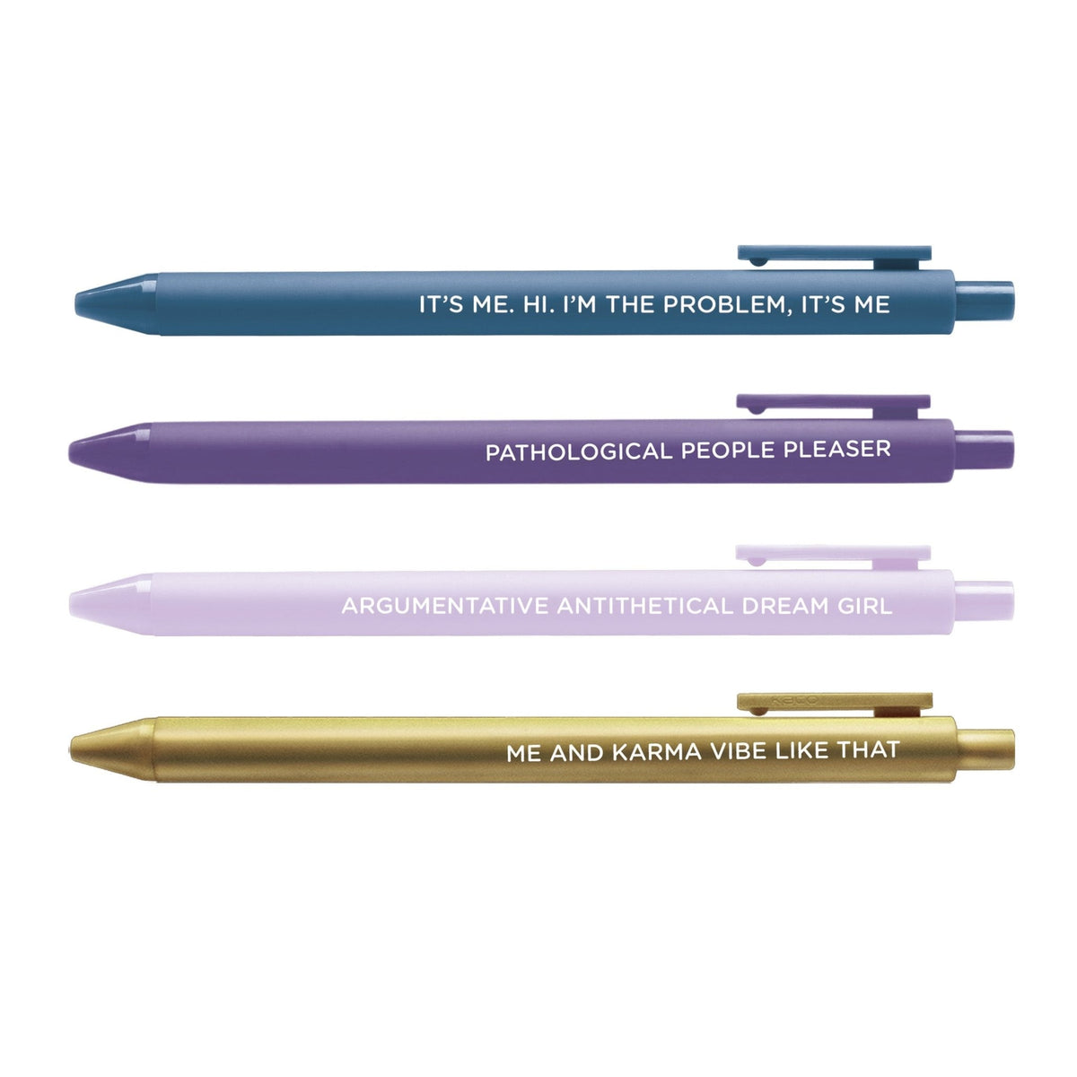 Midnight Musings Pen Set — 4 jotter gel pens in purple, lavender, gold and navy with late-night phrases, 0.5mm fine point, by MangoIllustrated