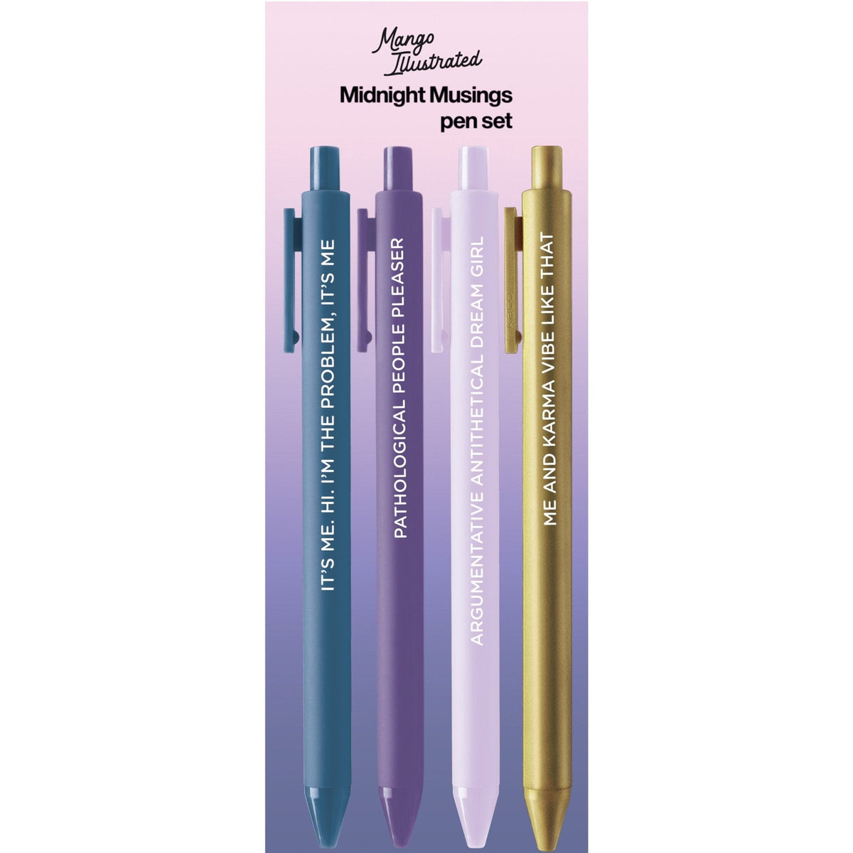 Midnight Musings Pen Set in its cello sleeve with card backing — stationery gift by indie artist MangoIllustrated