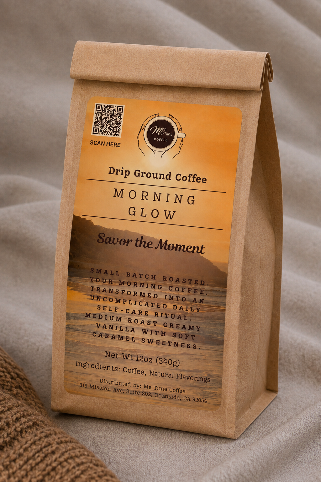 A kraft paper coffee bag labeled &