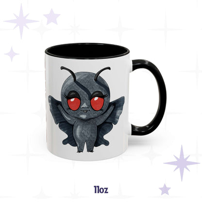 Chibi Mothman coffee mug in 11 oz, black-handled accent mug with fuzzy red-eyed cryptid art