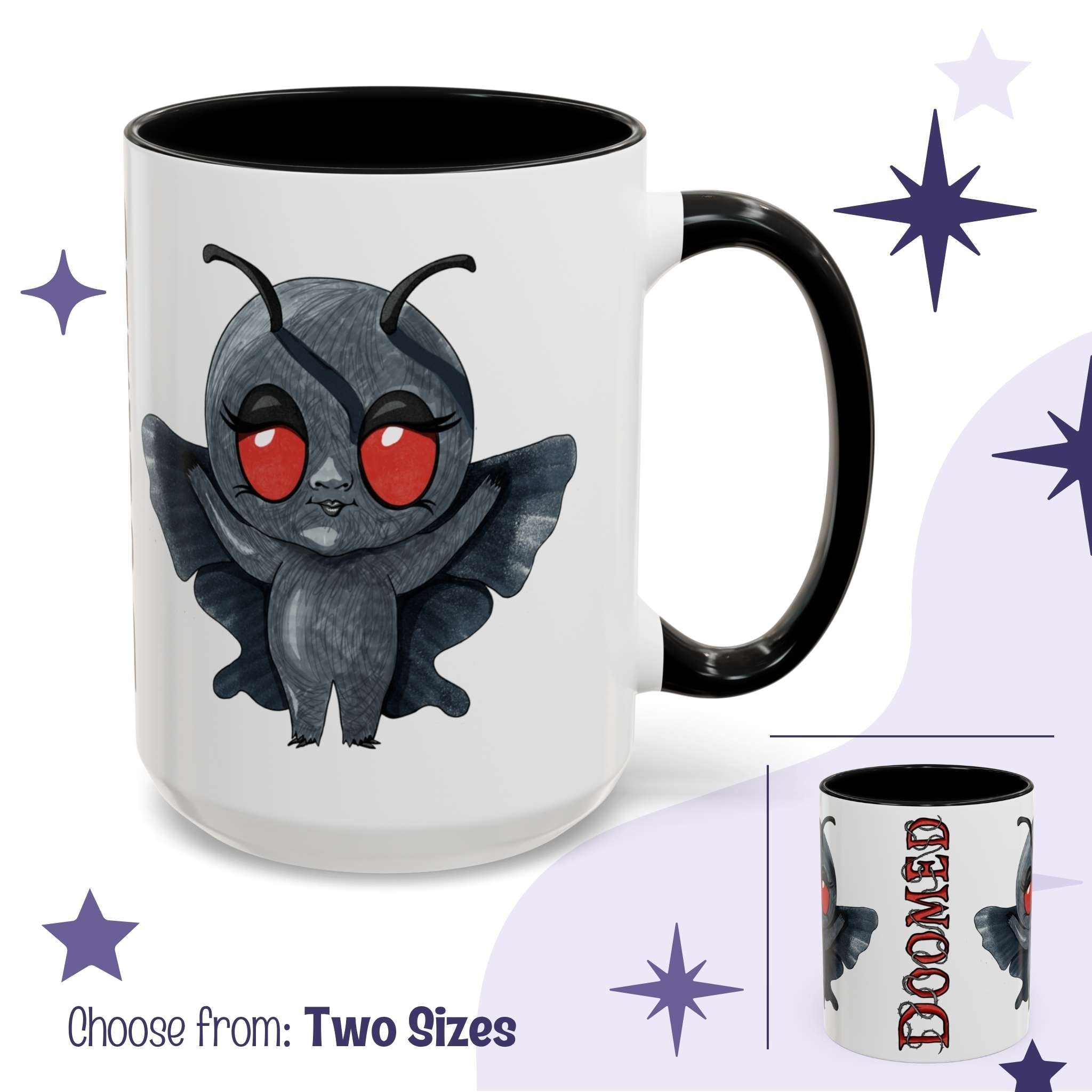 Cute Mothman cryptid mug in white with black handle, chibi red-eyed figure with DOOMED reveal inset, two sizes