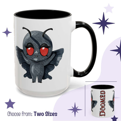 Cute Mothman cryptid mug in white with black handle, chibi red-eyed figure with DOOMED reveal inset, two sizes