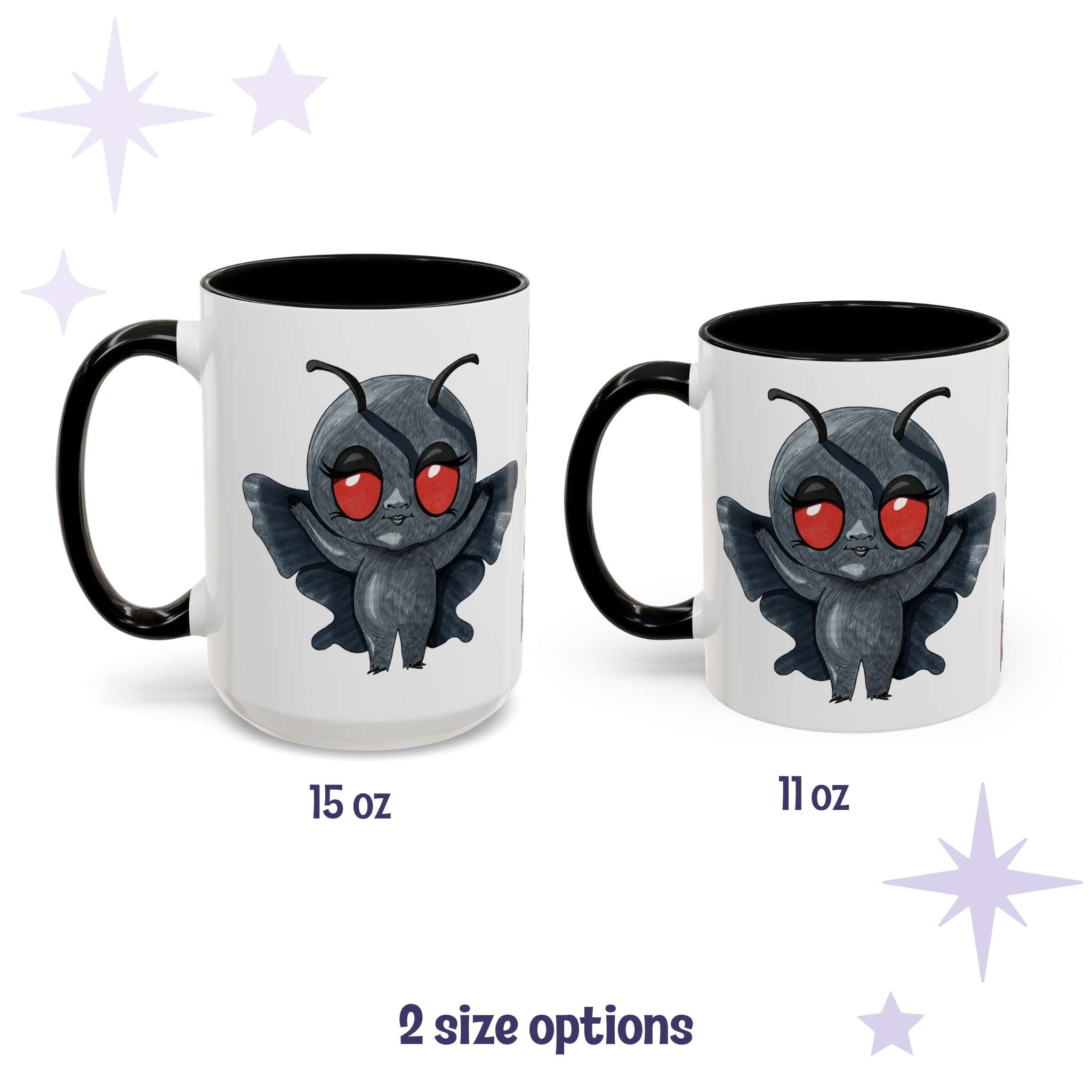 Chibi Mothman cryptid mug shown in 15 oz and 11 oz, white ceramic with black interior and handle