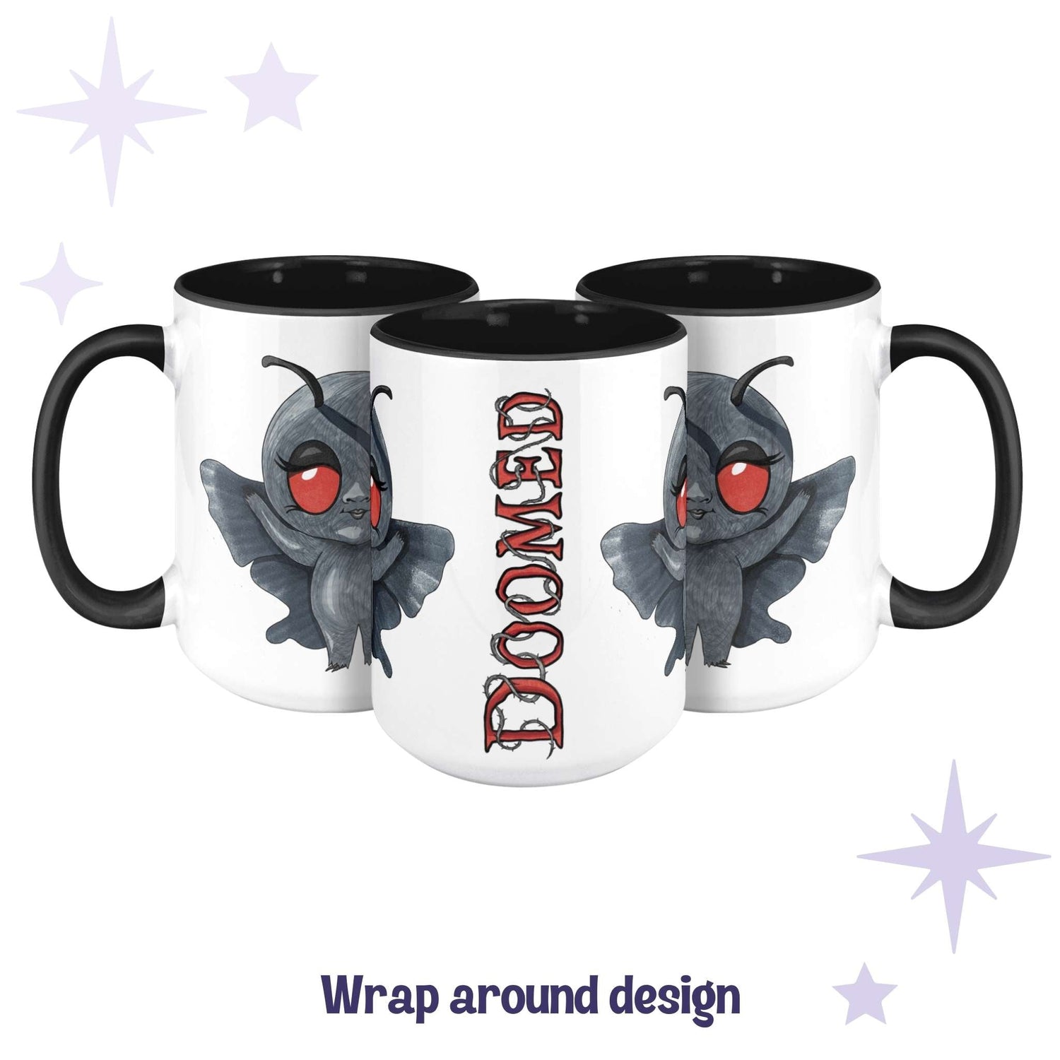 Chibi Mothman mug shown across three angles as a wrap-around design with DOOMED in red lettering