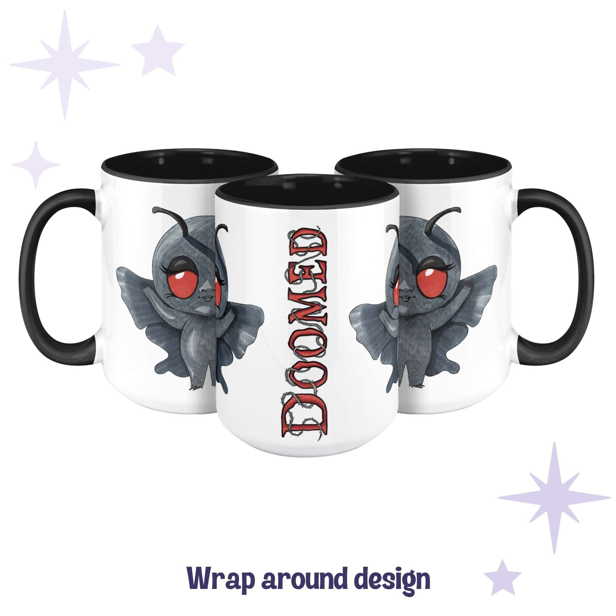 Chibi Mothman mug shown across three angles as a wrap-around design with DOOMED in red lettering