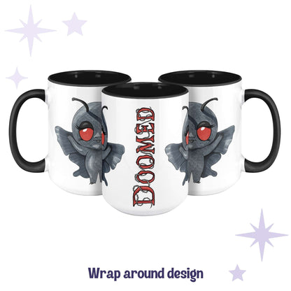 Chibi Mothman mug shown across three angles as a wrap-around design with DOOMED in red lettering